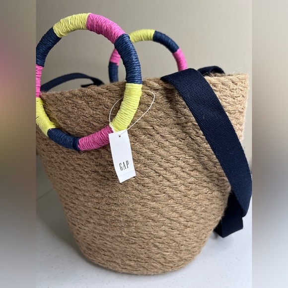 Gap jute tote bucket bag Tan Woven pink yellow blue Handle Beach Vacation NWT - Picture 2 of 8
